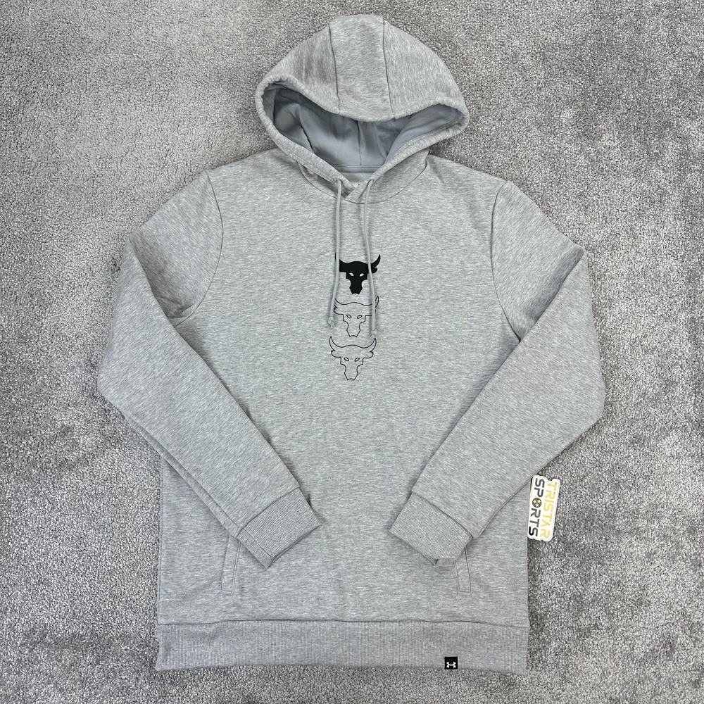 Under Armour Project Rock Hoodie Mens Medium Heather Gray Rival Fleece Bull Logo